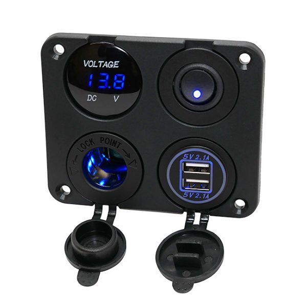 4 in 1 Panel USB, 12V-Uttag, Voltmeter, Brytare