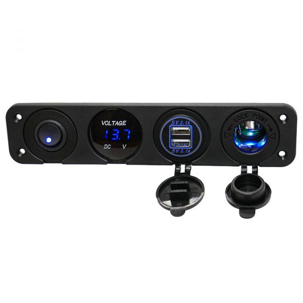 4 in 1 Panel USB, 12V-Uttag, Voltmeter, Brytare